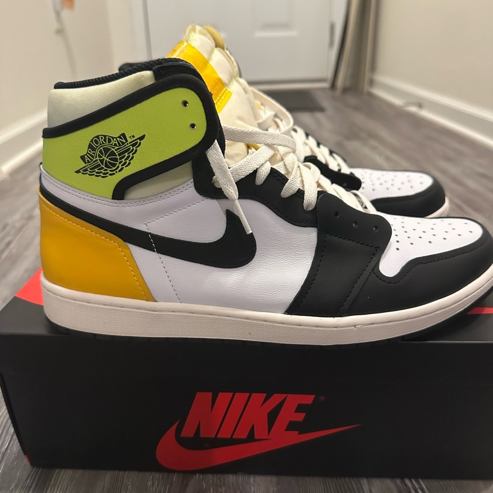 Nike Air Jordan 1 Retro High in Black, White, Yellow, and Green